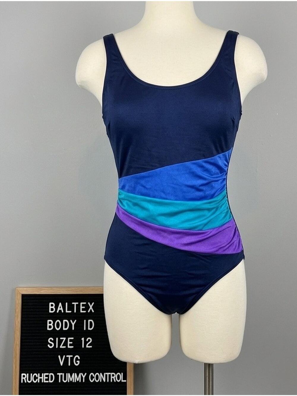Vtg Baltex Body ID One Piece Swimsuit 12 Colorblock Ruched Tummy Control Navy